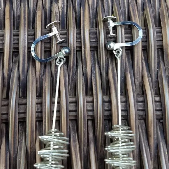 vintage 60s silver spiral slinky drop earrings stamped - Picture 3 of 8